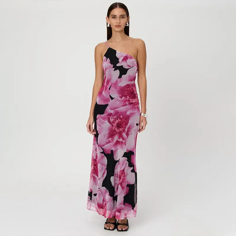 Uveng Uveng Girls 2024 Summer New Fashion Vintage Print Sexy Holiday Style Slim One-Shoulder Halter Dress