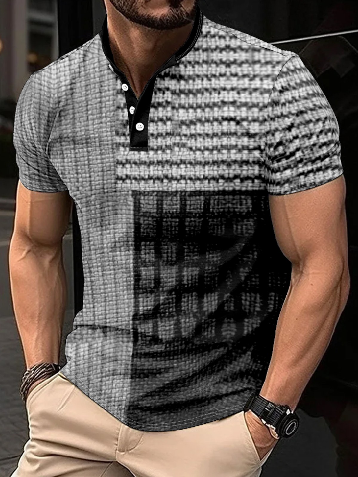 Men's Retro Striped Polka Dot Print Stand Collar Button Short Sleeve T-Shirt PLUSCLOTHESMAN