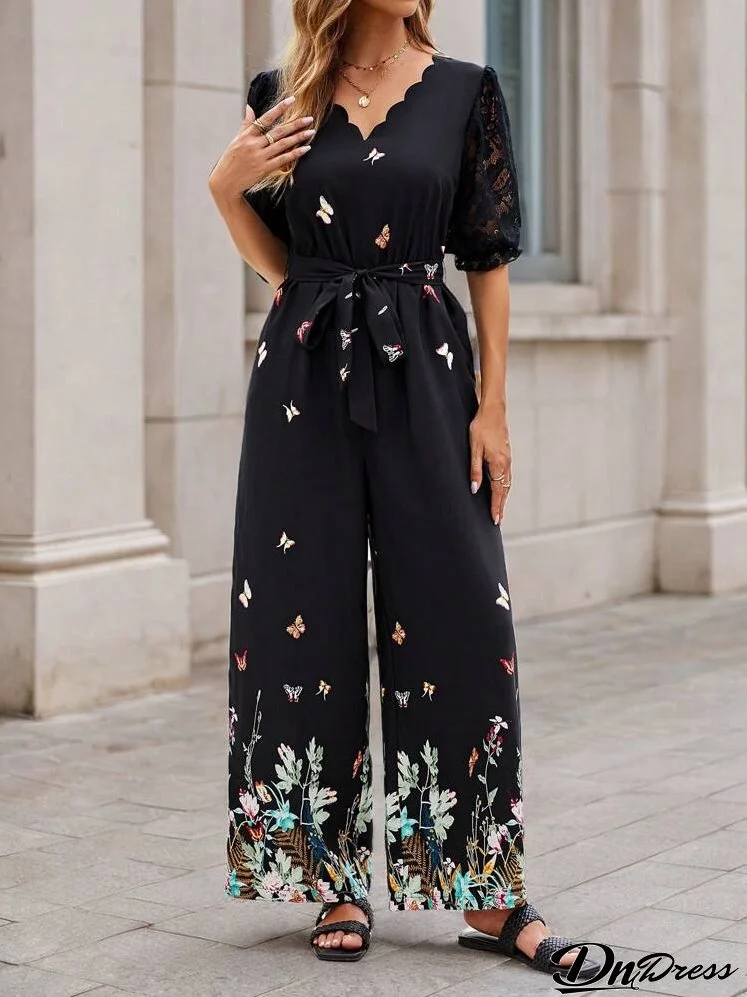 Women Butterfly Print Simple Daily Short Sleeve Jumpsuit