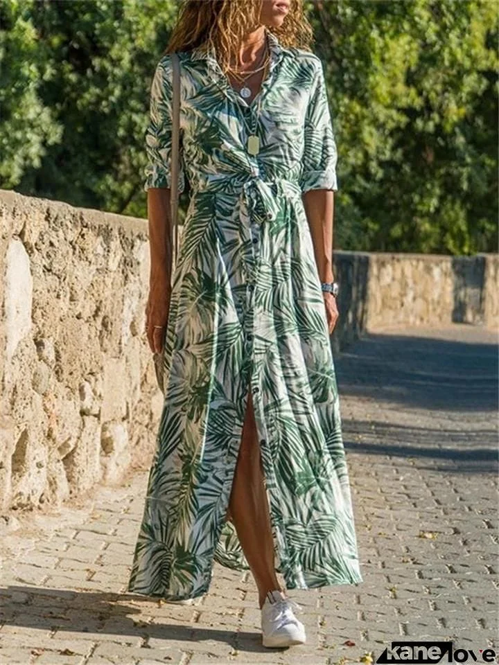 Stylish Chiffon Leaf Printed Button Up Long Sleeve Maxi Shirt Dress