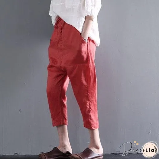 Orange pockets linen summer crop pants plus size