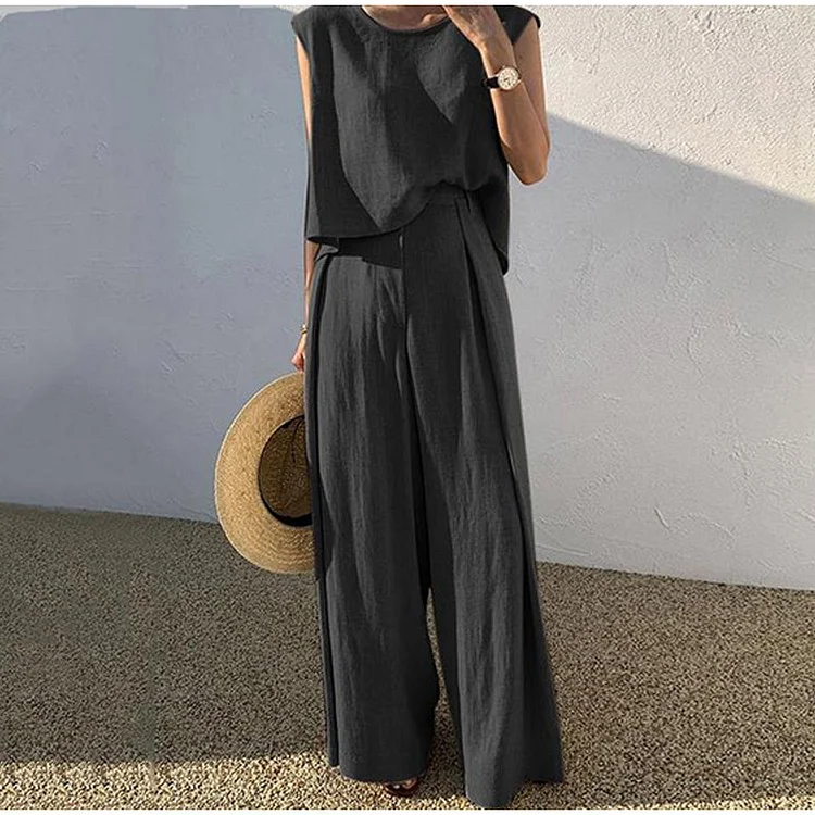 Casual Cotton Linen Sleeveless Top and Wide Leg Pants Suits