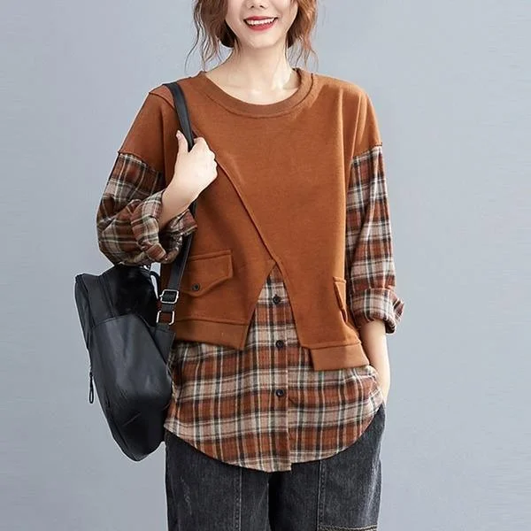 Style Vintage Plaid Patchwork Loose Ladies Pullovers Hoodies