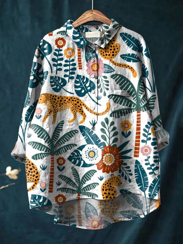 Women's Leopard Flowers Leaves Art Print Casual Cotton And Linen Shirt