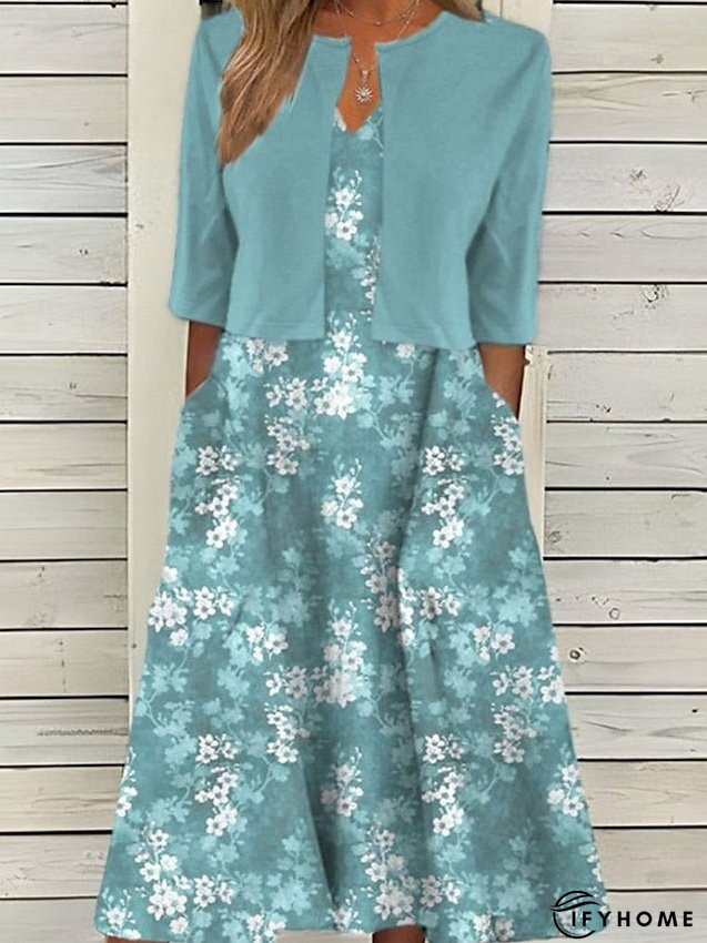 Women's Two Piece Dress Set Casual Dress Shift Dress Outdoor Daily Fashion Streetwear Pocket Print Midi Dress V Neck 3/4 Length Sleeve Floral Loose Fit Pink Royal Blue Blue Summer Spring S M L XL XXL | IFYHOME