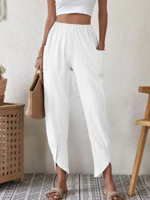 Women's Solid Color Casual Trousers Loose Pocket Cotton Linen Pencil Trousers