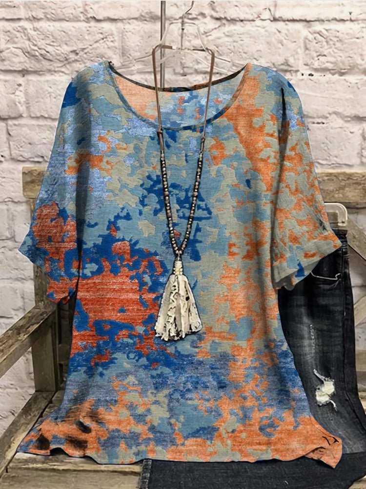 Women Half Sleeve Scoop Neck Graphic Colorblock Blue Women Tops