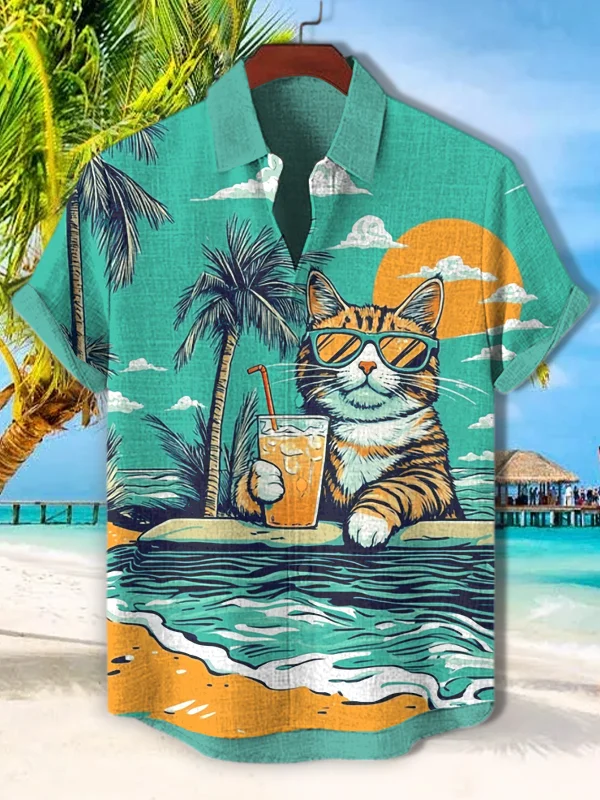 Men's Hawaii Vacation Style Cat Art Print Short Sleeve Shirt