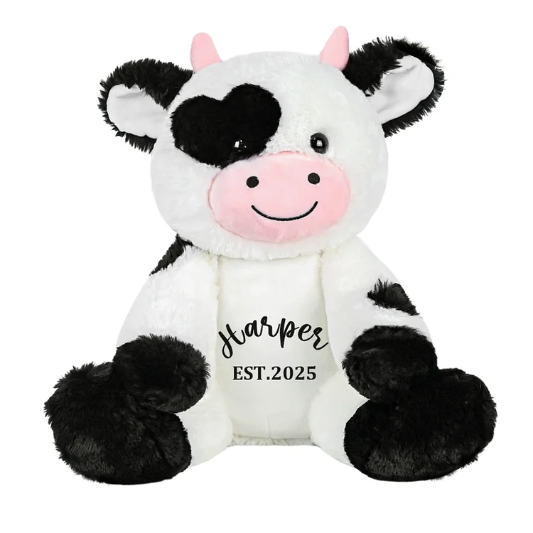 Personalized Milk Cow Stuffed Animal, Cow Plushie with Custom Name Date Message, 13.5" High 9.8"Width Black White Cows Soft Cuddle Gift for Baby Toddler Boy Girl Kids