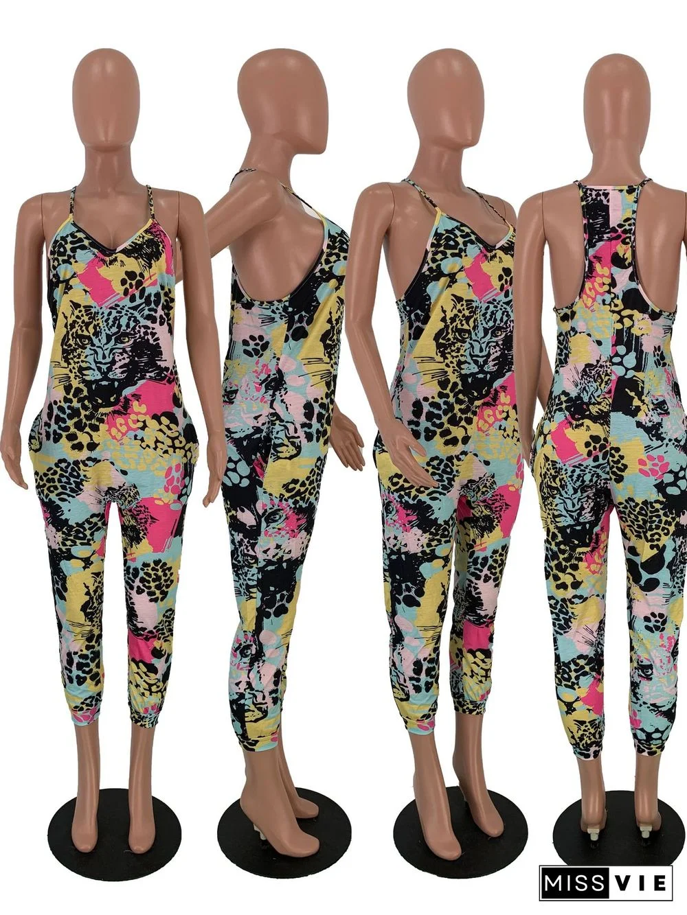 Colorful Elements Printed Loose Suspenders Jumpsuit