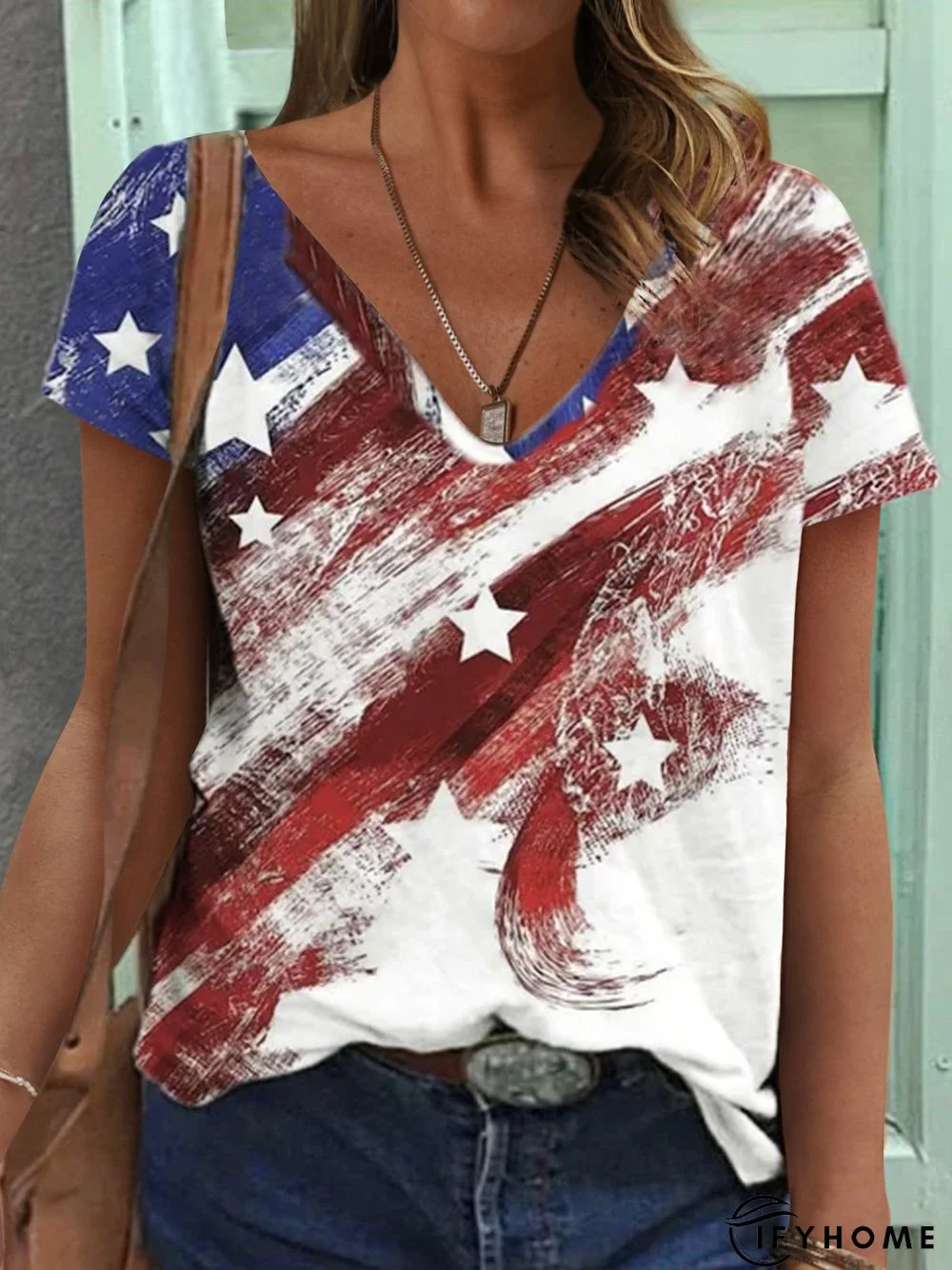 American Flag Casual V Neck Shift Abstract T-shirt | IFYHOME