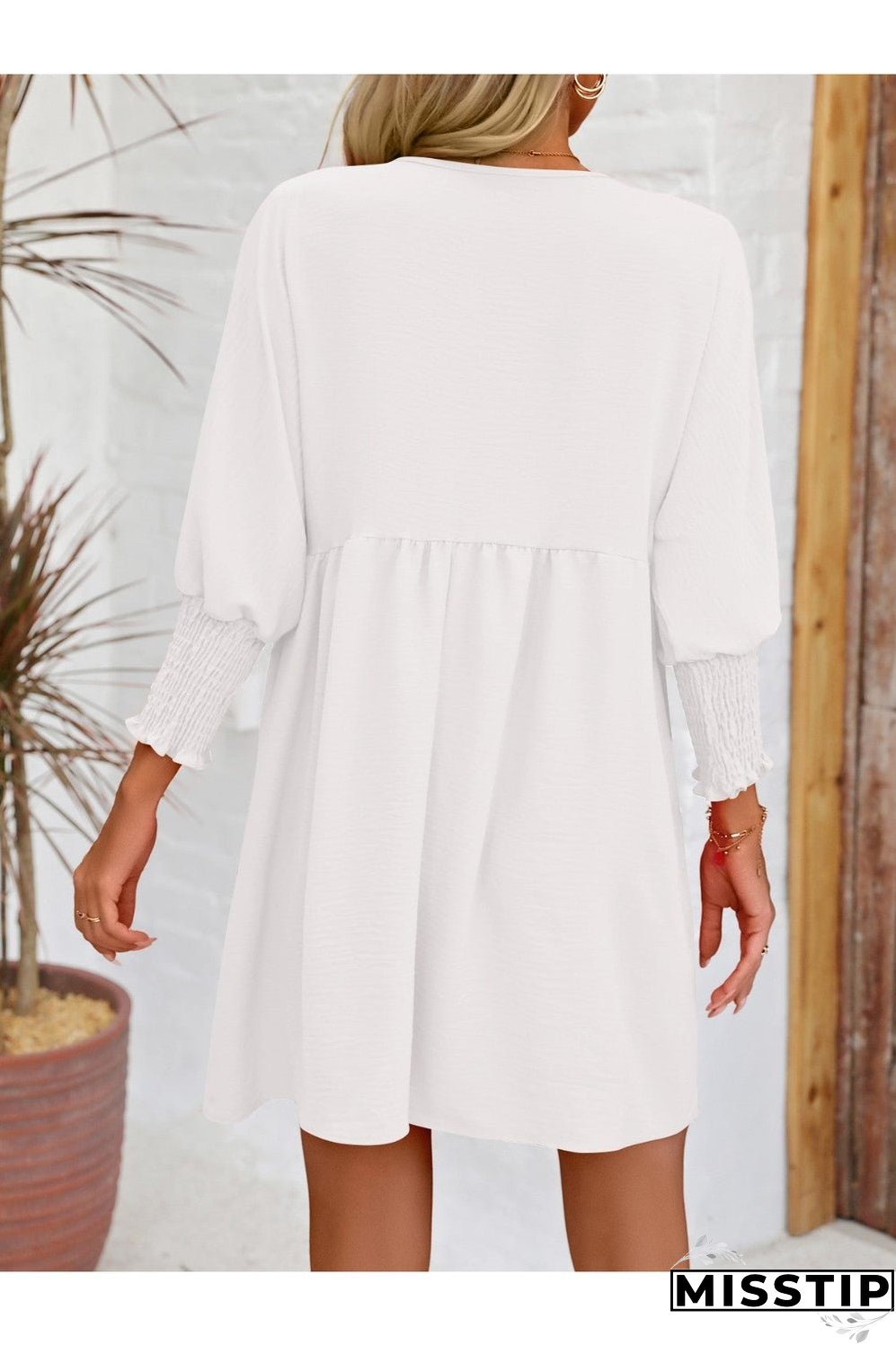 Round Neck Lantern Sleeve Mini Dress