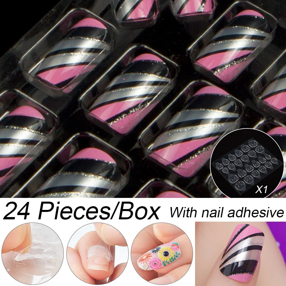 Fashion 24pc/set 10 Sizes Fake Nails Full Cover French False Nail Tips With Double-Sided Nail Adhesive Tab Press On Nails Art-Nail Inspo