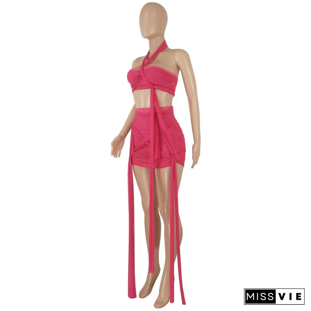 Mesh Sheer Halter Crop Top and Mini Skirt Suits