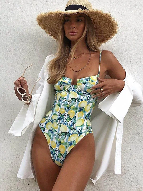 Spaghetti-Neck Fruit Printed Underwired One-Piece Swimwear