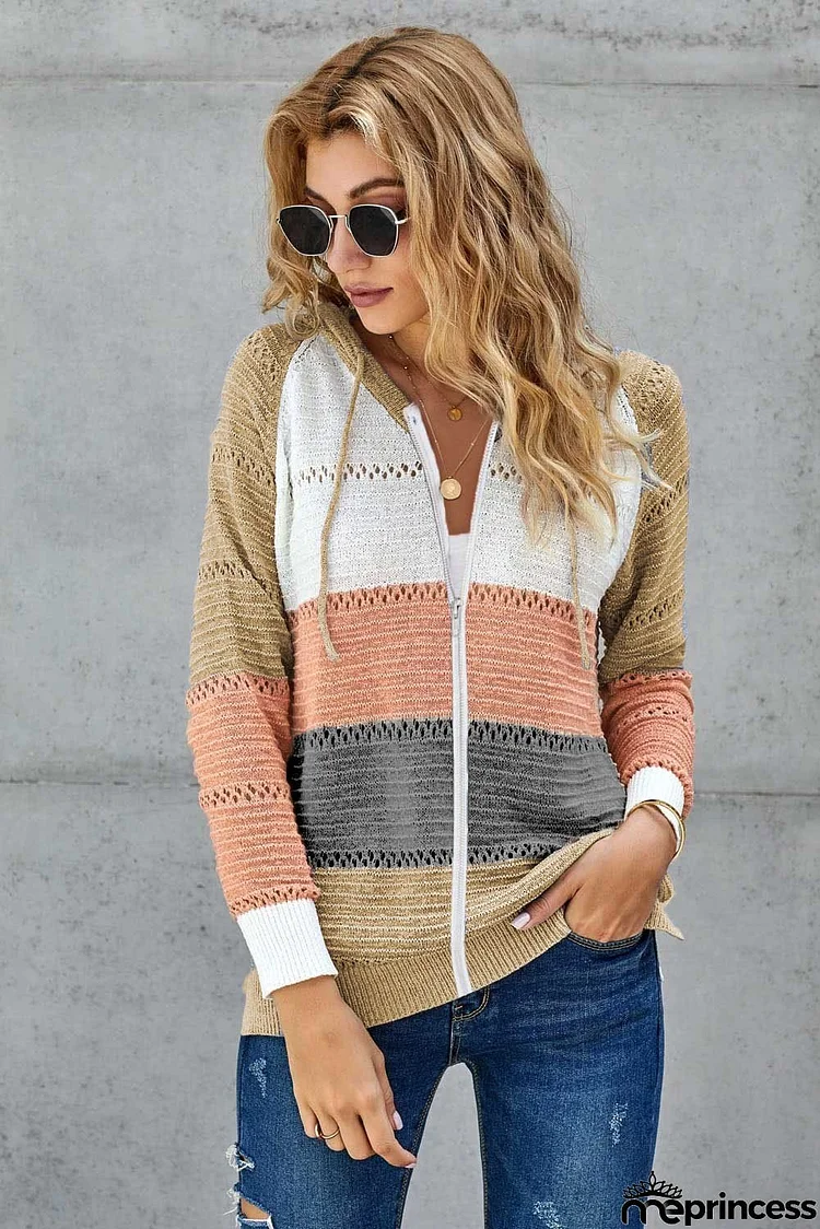 Womens Multicolor Zipped Front Colorblock Hollow-out Knit Hoodie