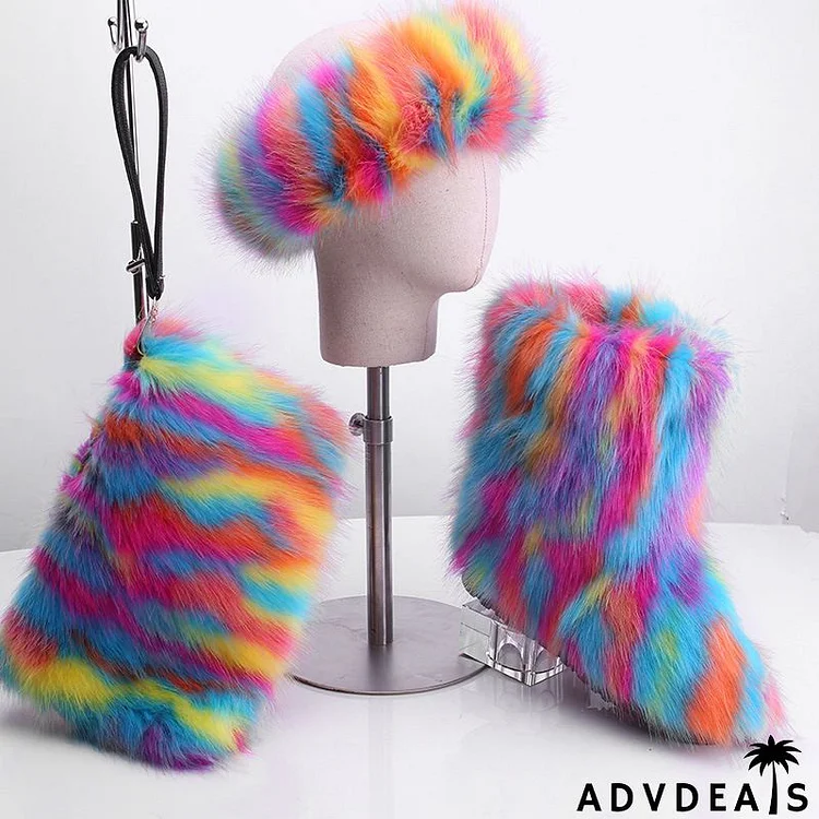 Size:4.5-12 Fashion Plush Hat And Hand Bag And Snow Boots Three Piece Set