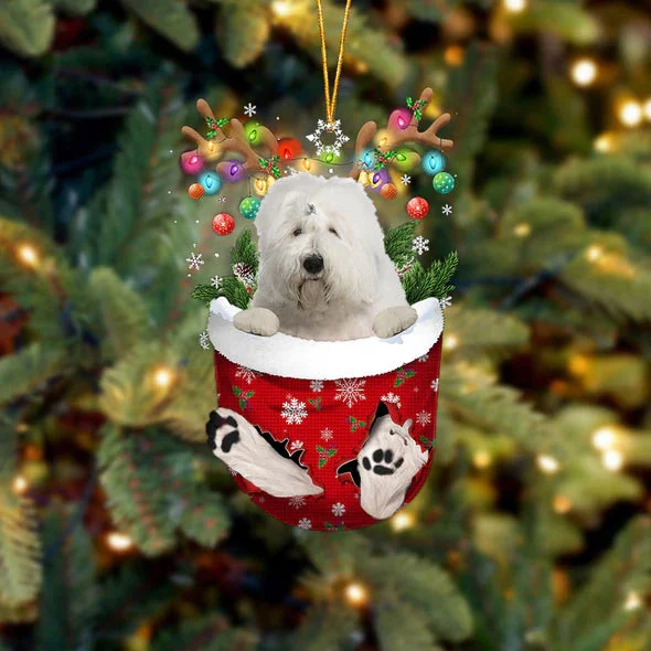 Old English Sheepdog In Snow Pocket Christmas Ornament.