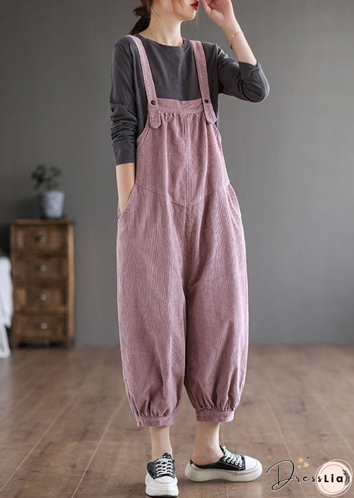 Women Pink Oversized Solid Color Corduroy Jumpsuits Fall