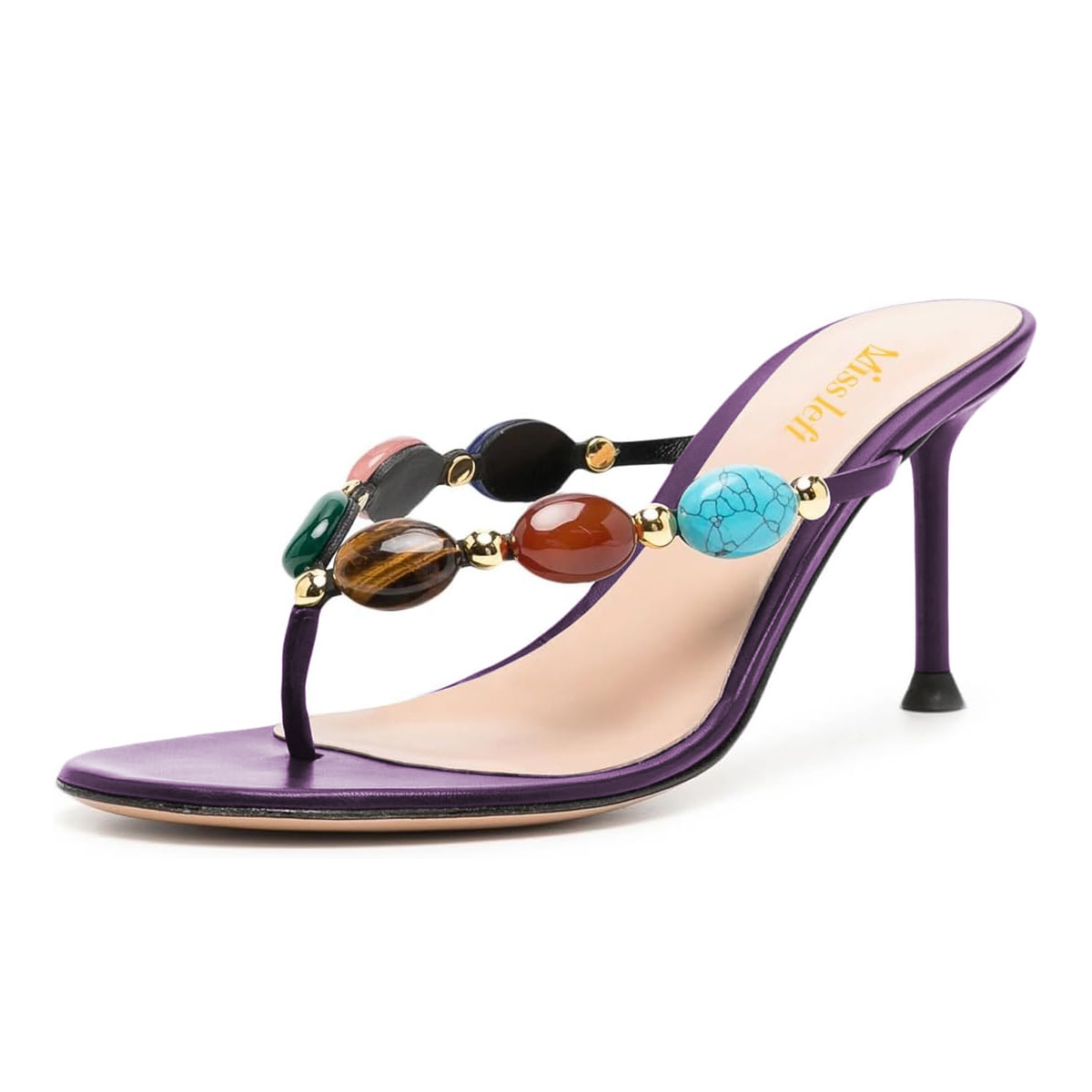 Dark Purple Round Toe High Heels Sandals with Colorful Jewels Nicepairs
