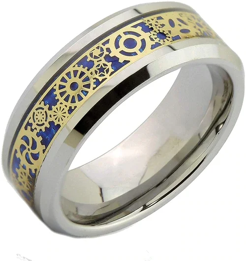 8MM Women's or Men's Tungsten Carbide Wedding Watches Gear Rings Gold Gears Over Blue Carbon Fiber Inlay Gold Mechanical Gears