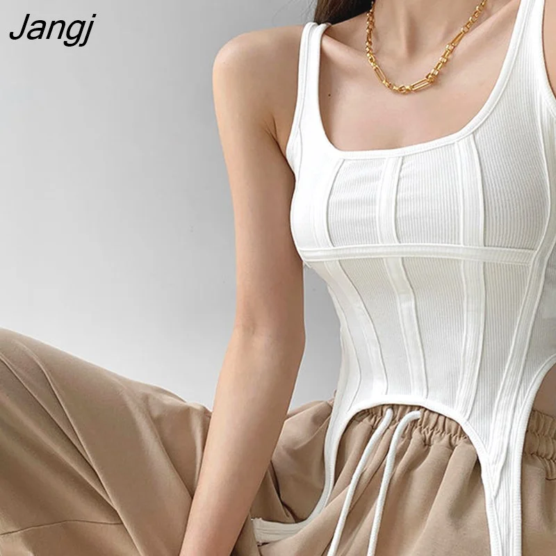 Jangj Irregular Hook White Tank Top Women Summer New Chic Square Collar Sleeveless Tops Vest Outwear