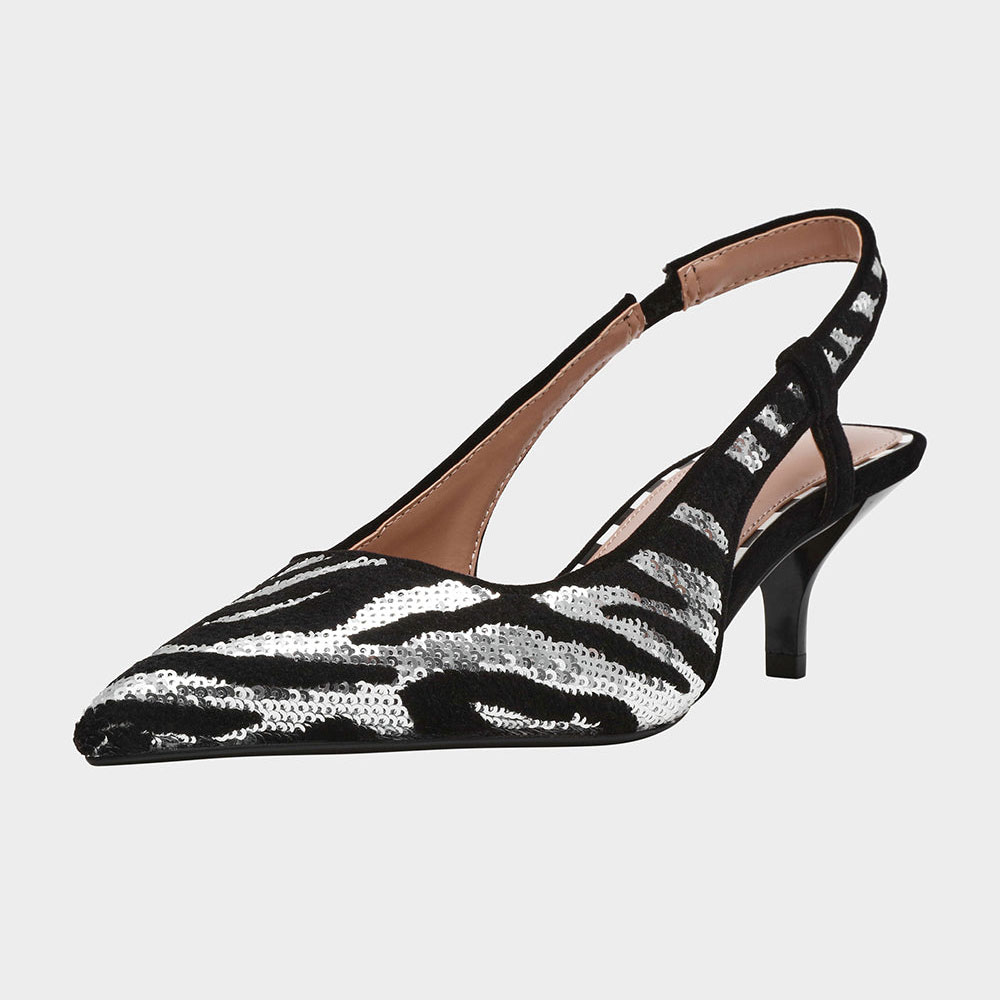 Black & Silver Zebra Pattern Pointed Toe Slingback Pumps Heels Nicepairs