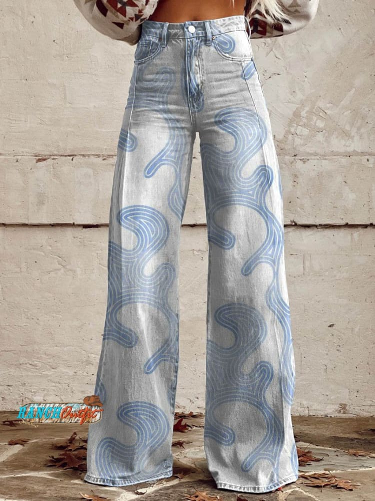 Women’s Baby Blue Print Casual Wide Leg Pants Multicolor / S