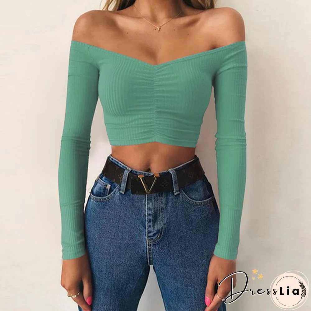 Summer Shirt T-shirt Casual Lady Long Sleeve Wrapped Chest Word Shoulder Fashion Tops