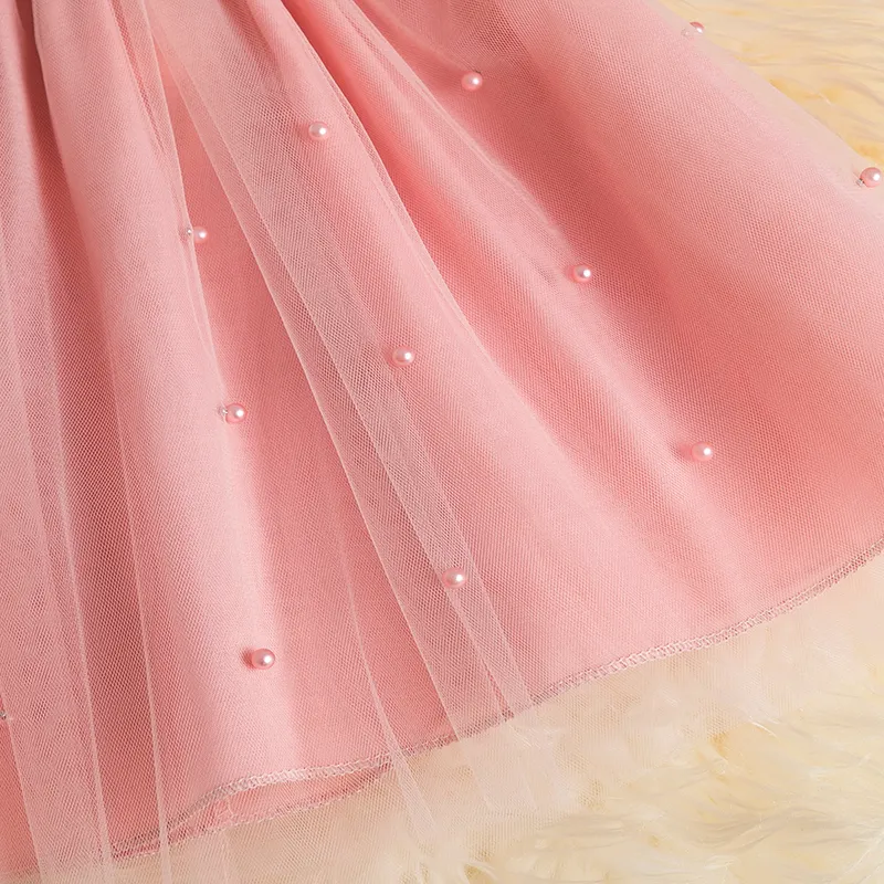 Uveng Baby Girls Dress for Summer Flower Lace Vestidos Wedding Party Kids Dresses for Girls Pearls Tulle Princess Children's Dresses