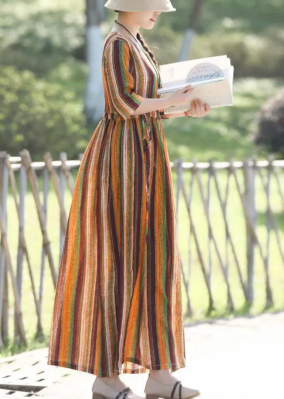 DIY Yellow Striped Cotton Linen Dress Fashion Inspiration Neck Half Sleeve Plus Size