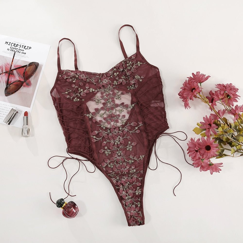 Sexy Bandage Lingerie  erotic Women Underwear Lace Corset Mesh Perspective Sexy Nightwear Embroidery Floral Romper  pajamas