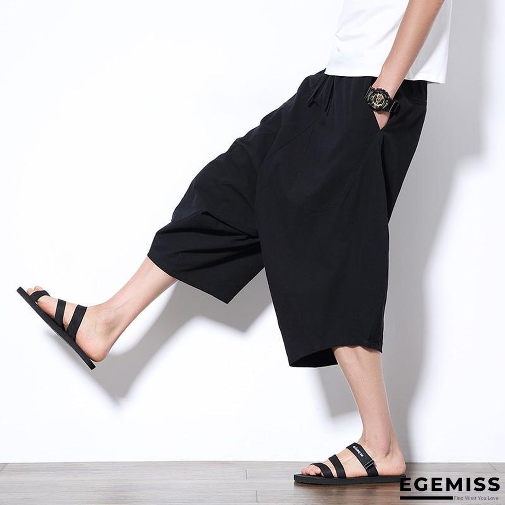 Men Wide Crotch Pants Loose Large Cropped Wide-legged Bloomers Flaxen Baggy Trousers | EGEMISS