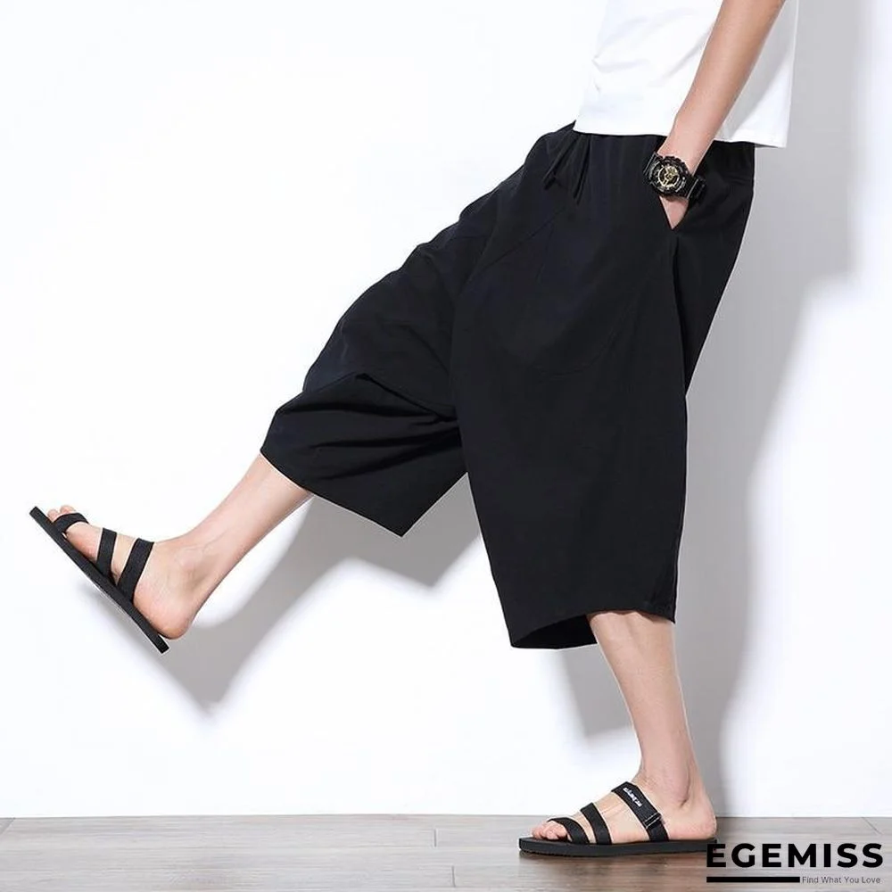 Men Wide Crotch Pants Loose Large Cropped Wide-legged Bloomers Flaxen Baggy Trousers | EGEMISS