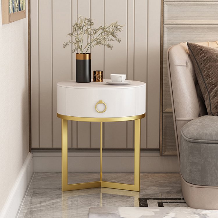 Homemys Modern Round Nightstand with 1 Drawer White Nightstand Bedside Table with Gold Frame
