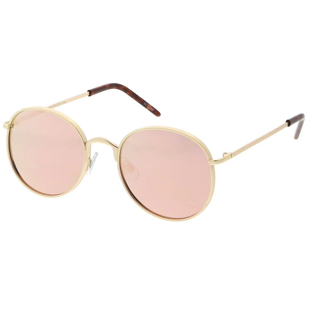 Classic Metal Round glasses Thin Arms Colored Mirror Flat Lens 52mm