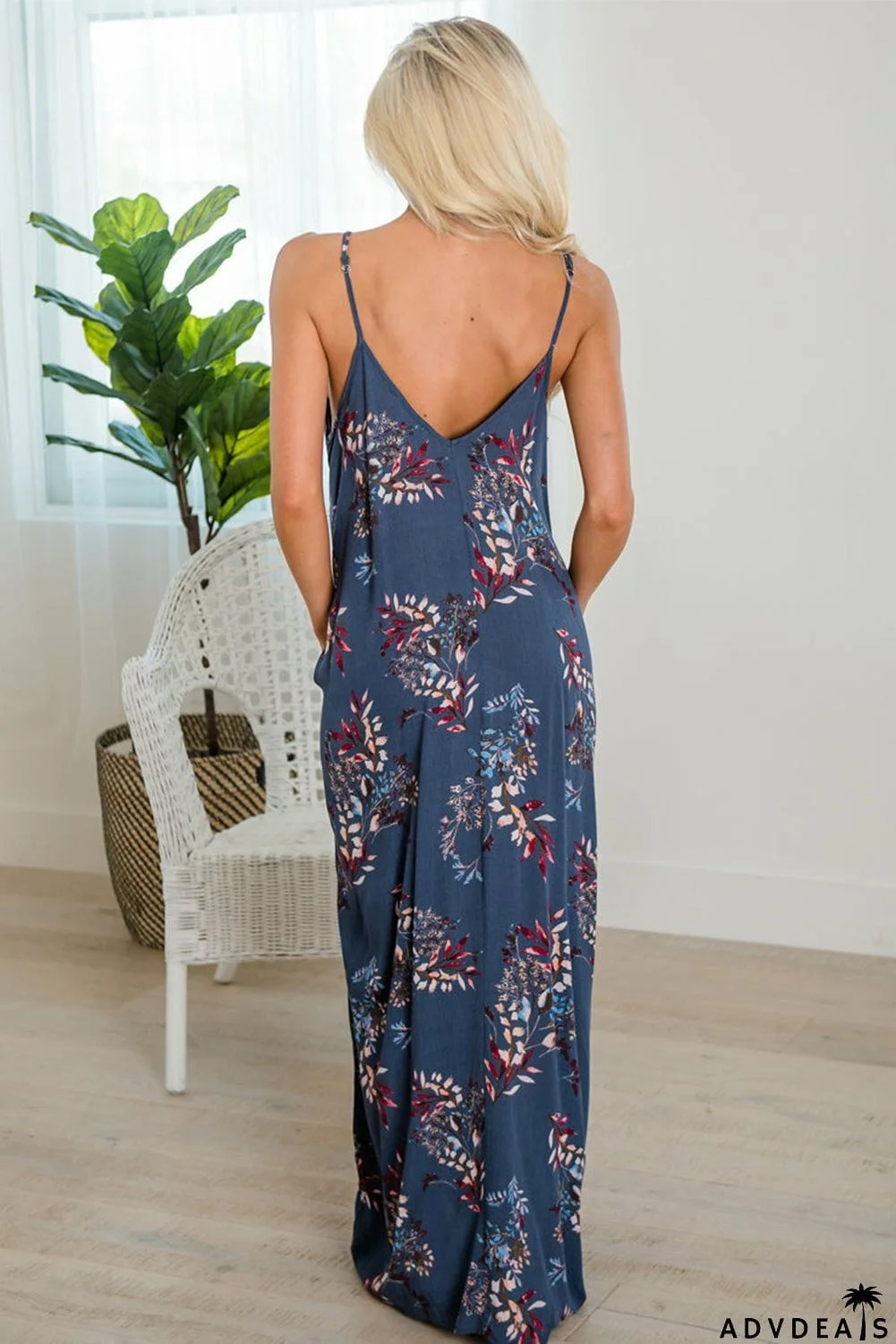 Crochet V Neck Sleeveless Floral Print Pockets Maxi Dress