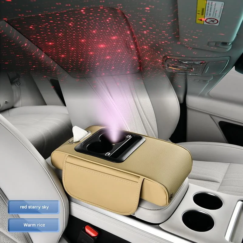 Multifunctional car armrest box - star projection/mobile phone charging/cup holder/tissue box