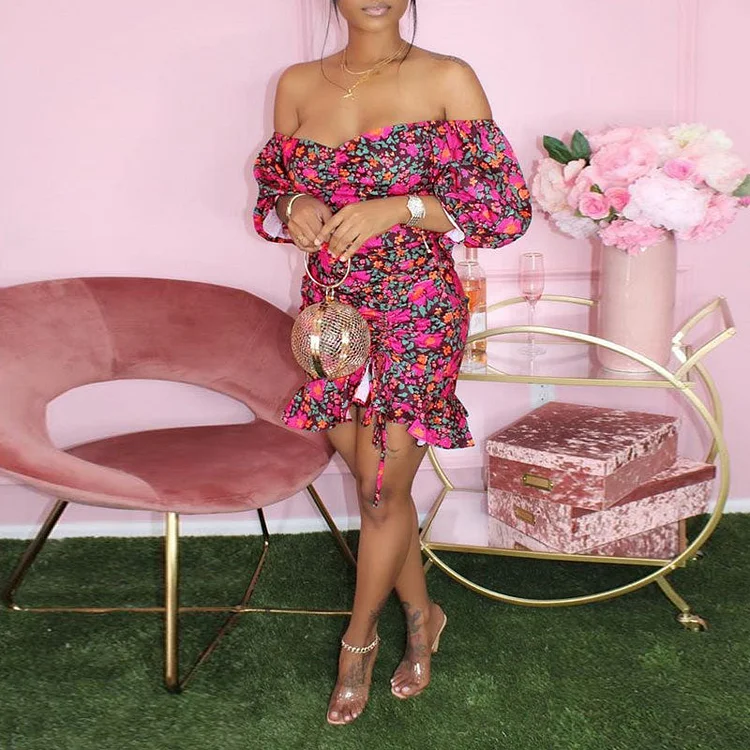 FLoral Print Off Shoulder Puff Sleeve Drawstring Bodycon Dress - IRBOOM Fashion Clothing