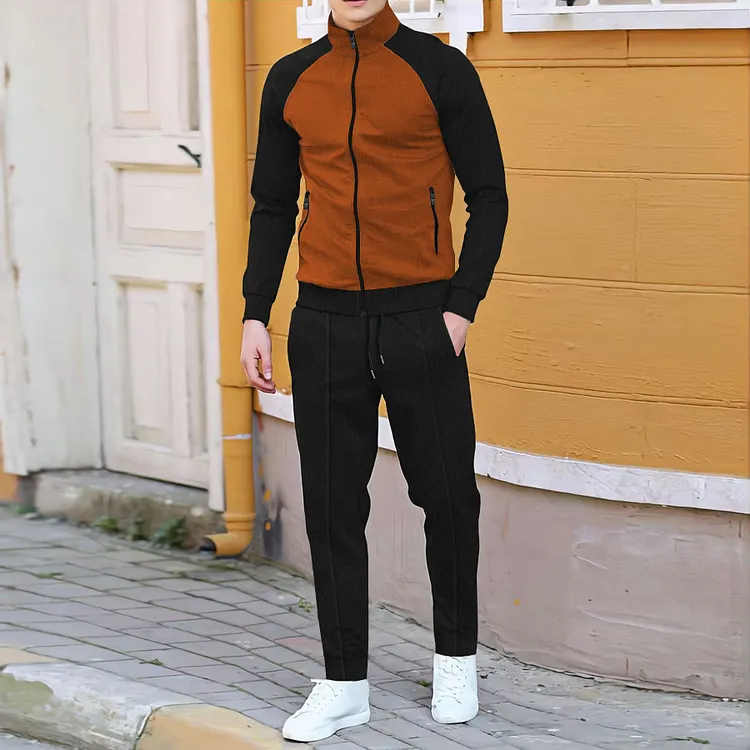 Men's Colorblock Stand Collar Zipper Jacket Trousers Casual Set 