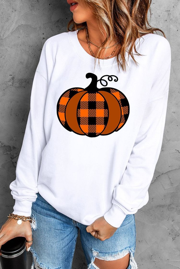 Orange Pumpkin Plaid Crew Neck Sweatshirt