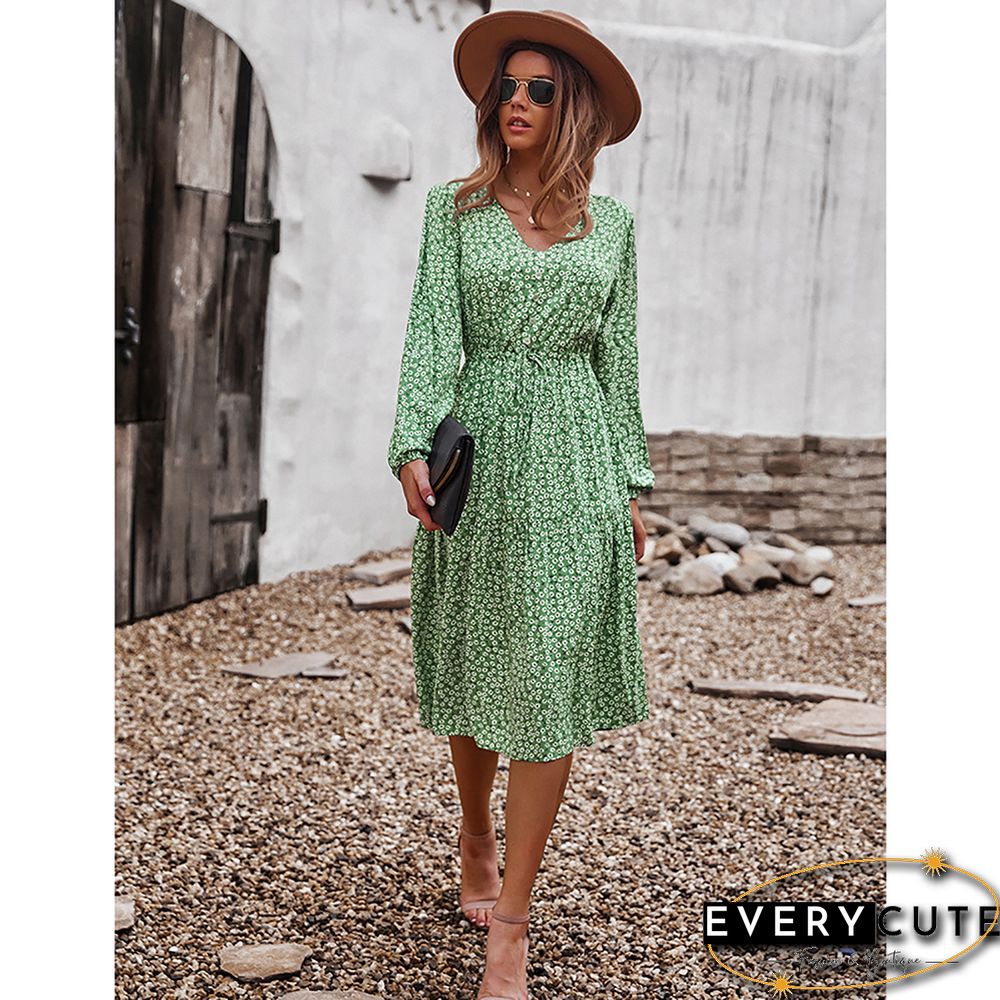 Light Green Floral Print V Neck Long Sleeve Dress