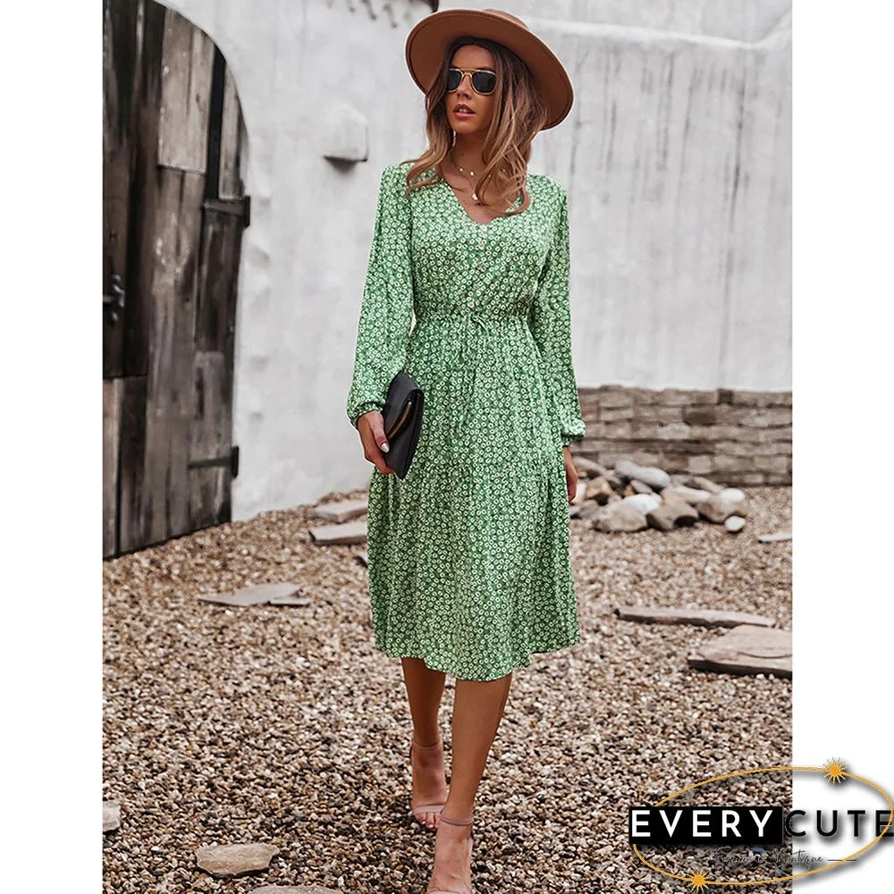Light Green Floral Print V Neck Long Sleeve Dress