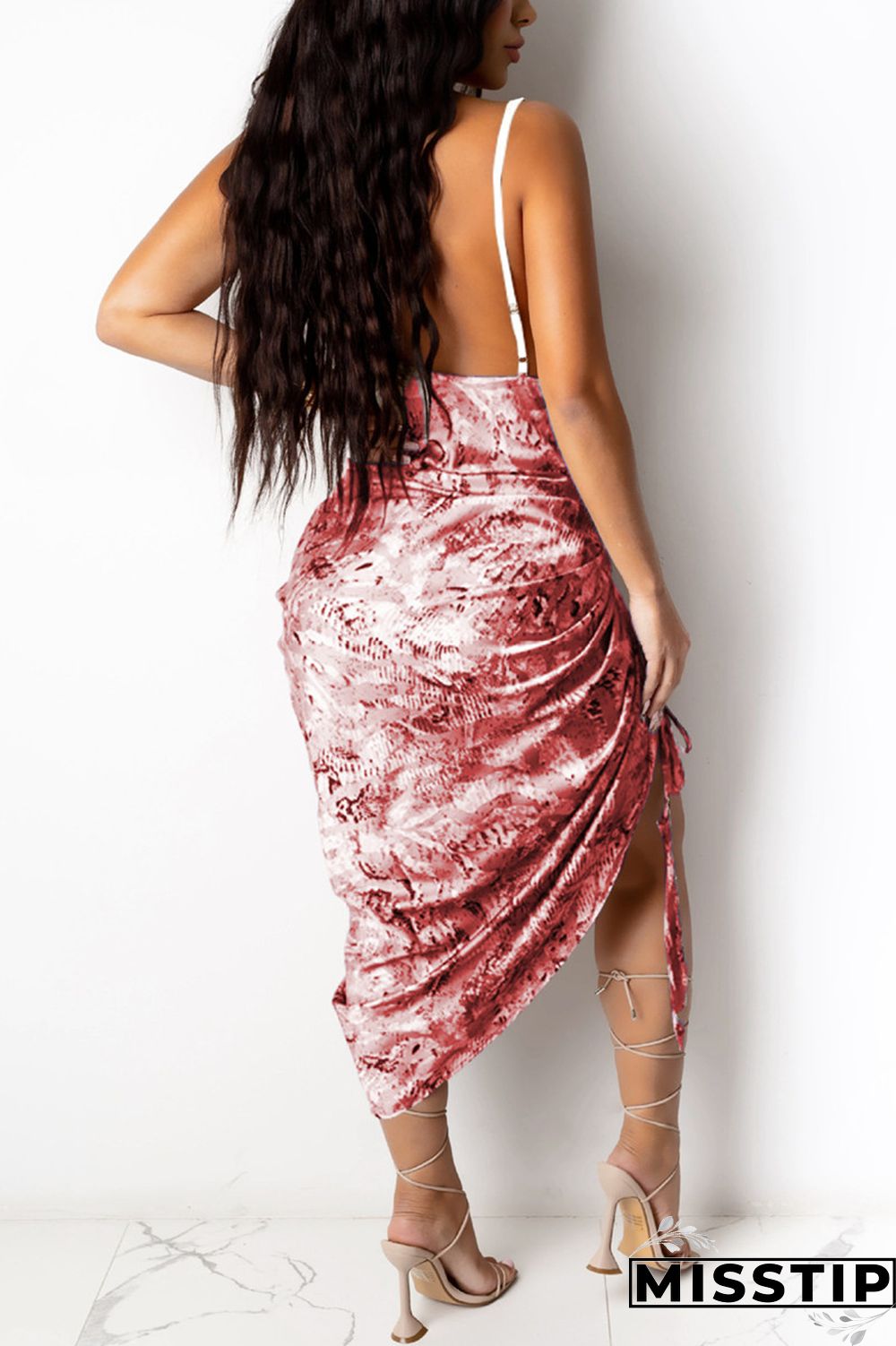 Light Blue Fashion Sexy Print Draw String Backless Spaghetti Strap Sling Dress