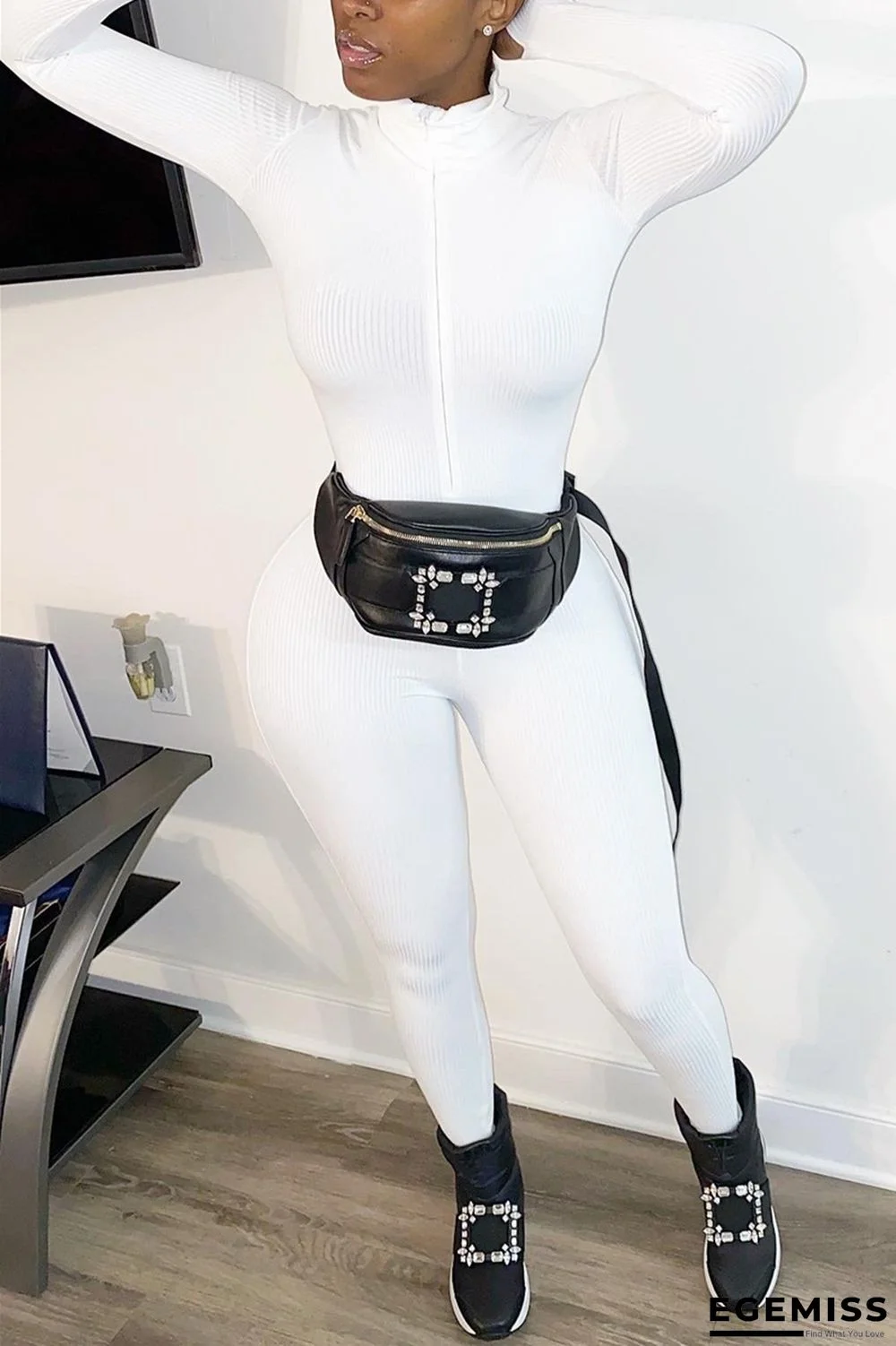 White Fashion Print Long Sleeve O Neck Jumpsuits | EGEMISS