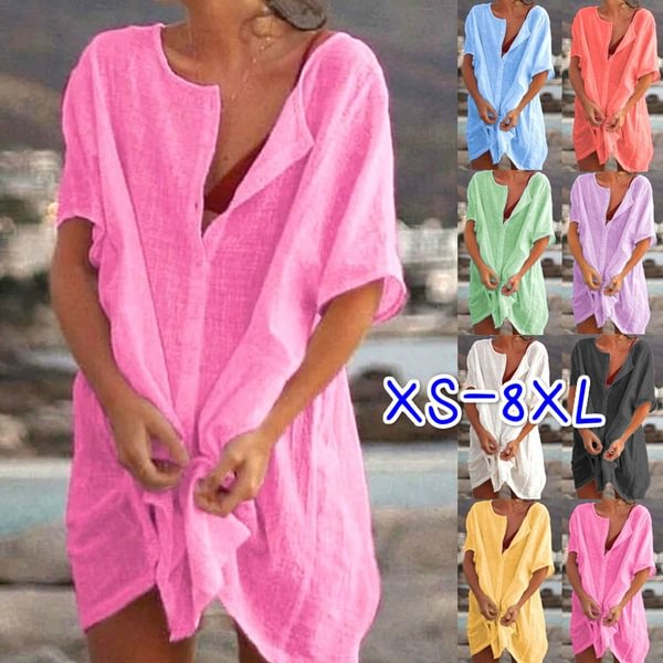 Xs-8Xl Summer Dresses Plus Size Fashion Clothes Women's Casual Short Sleeve Linen Blouses Deep V-Neck Loose Party Dress Ladies Solid Color Swimsuit Cover-Up Beach Wear Mini Dress - BlackFridayBuys