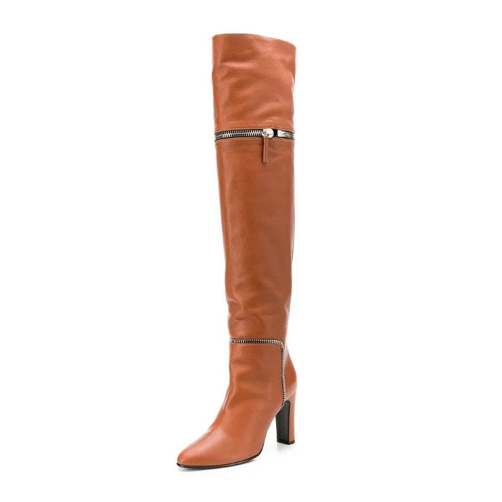 Tan Chunky Heel Over-the-Knee Zip Boots Vdcoo