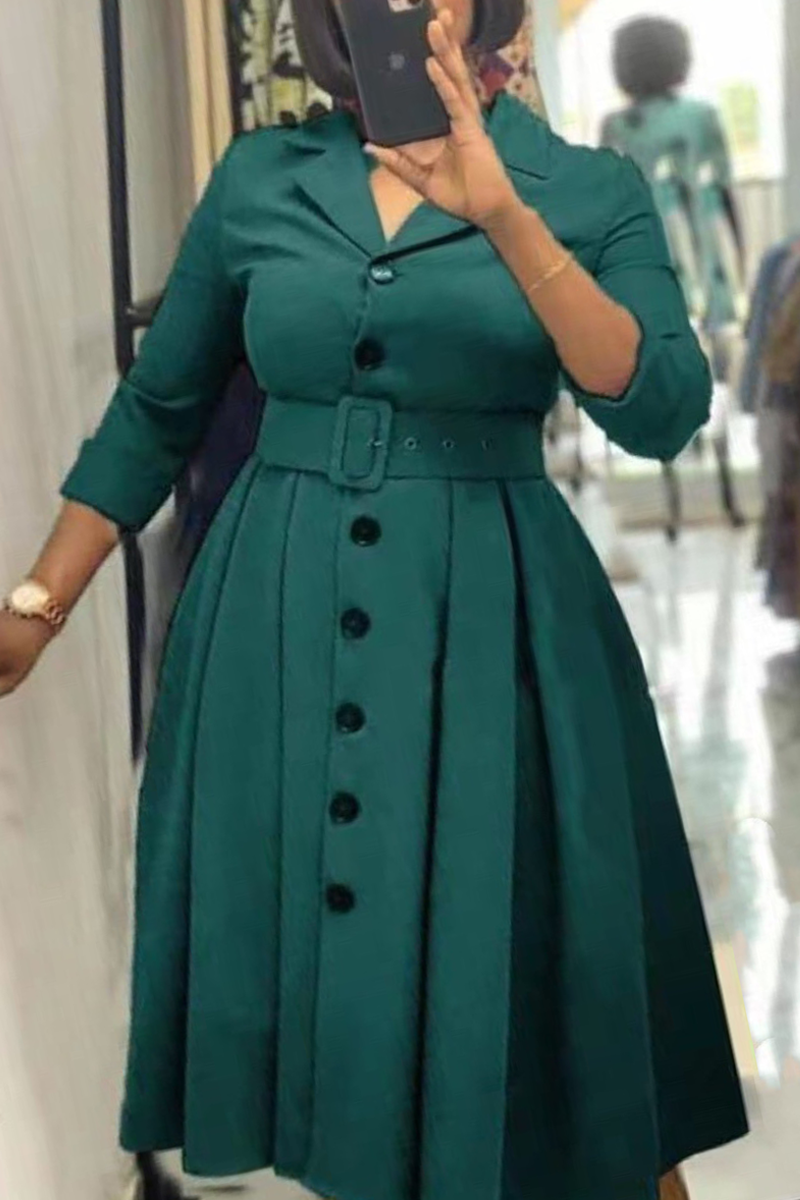 Green Elegant Solid Patchwork Buttons Turndown Collar A Line Dresses(With Belt)