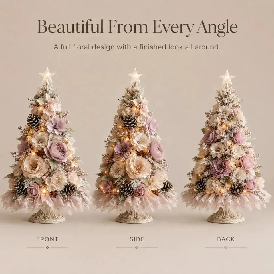 Front side and back views of the floral Christmas tree