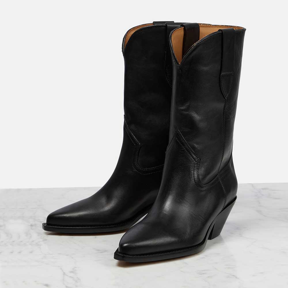 Black Pointed Toe Mid-Calf Block Heel Western Boots for Women